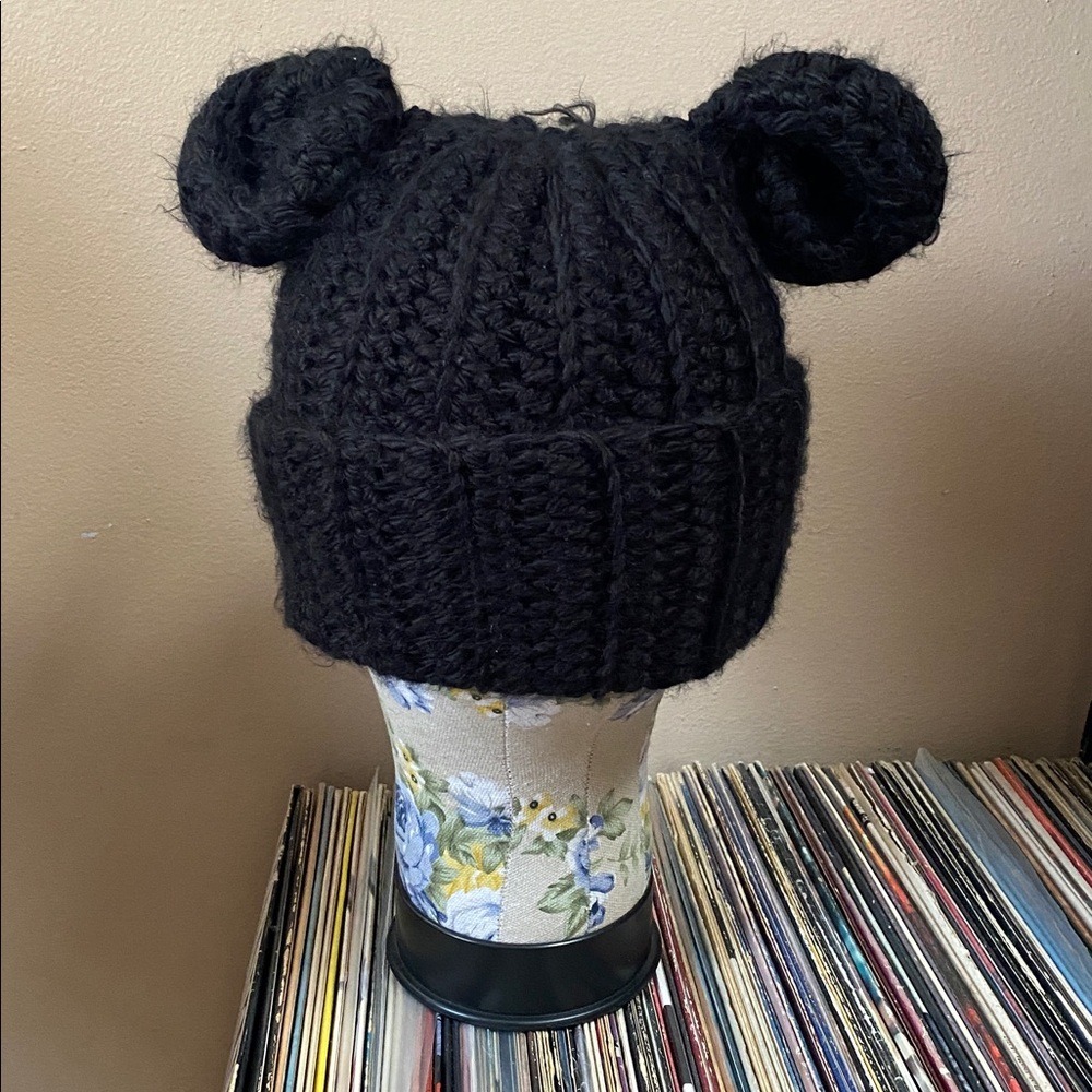 Handmade Black Chunky Wool Blend Mouse Mickey Ears Beanie Hat